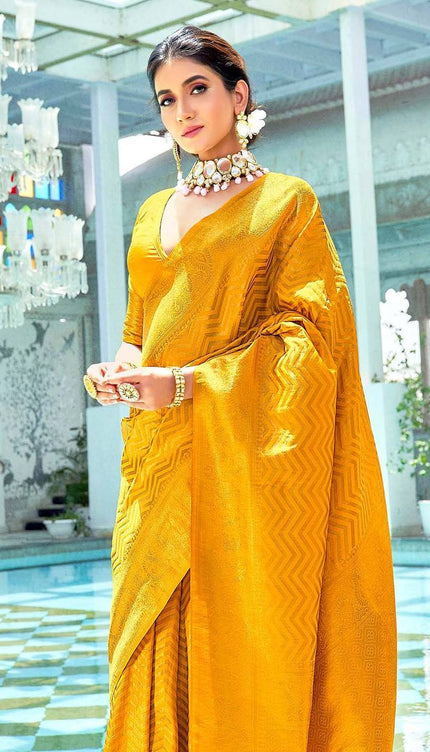 Dandelion Yellow Lichi Silk Zar  Saree Weaving