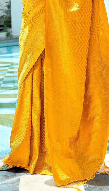 Dandelion Yellow Lichi Silk Zar  Saree Weaving