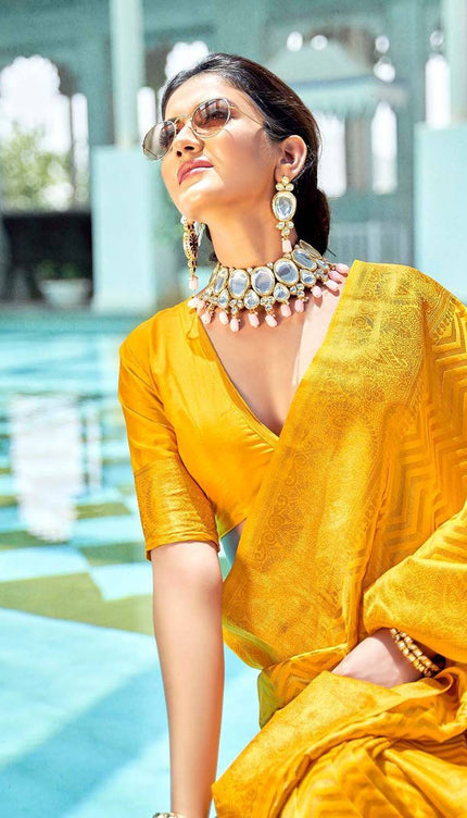 Dandelion Yellow Lichi Silk Zar  Saree Weaving