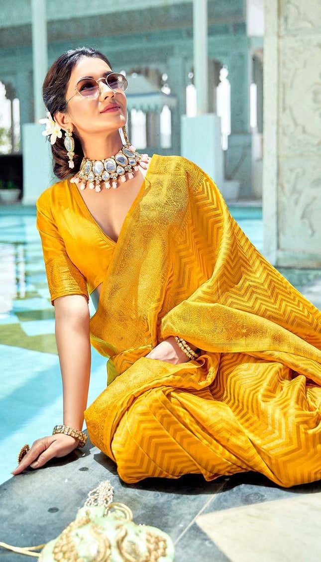 Dandelion Yellow Lichi Silk Zar  Saree Weaving