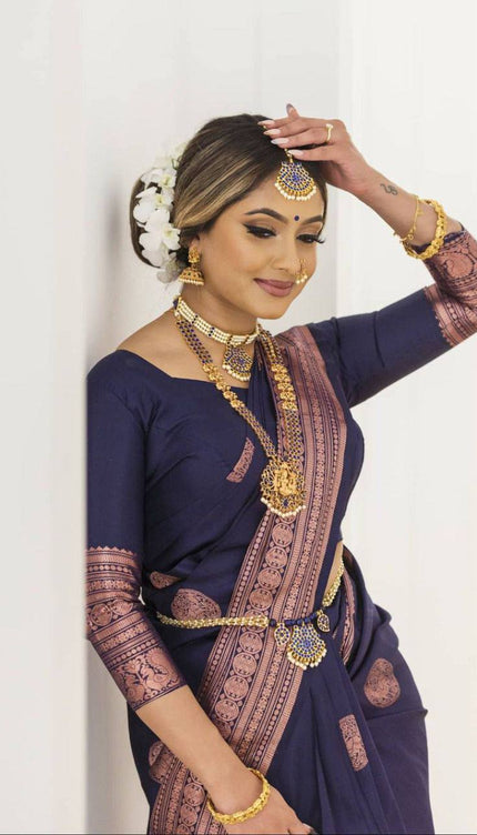 Dark Blue Party Wear With Lichi Silk saree