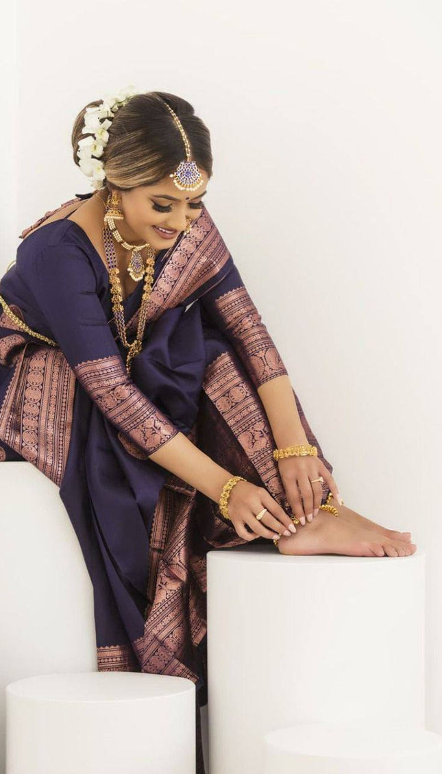 Dark Blue Party Wear With Lichi Silk saree