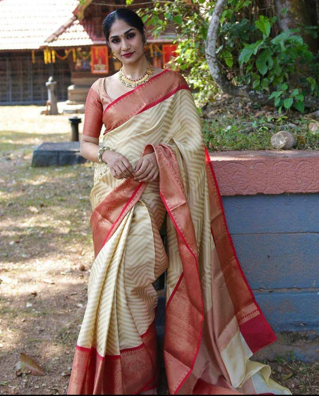 Cream With Red Lichi Silk Zari Woven Saree
