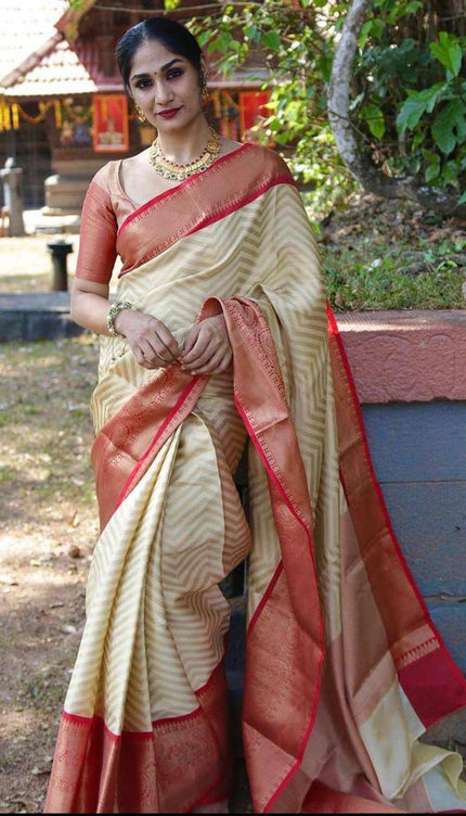 Cream With Red Lichi Silk Zari Woven Saree
