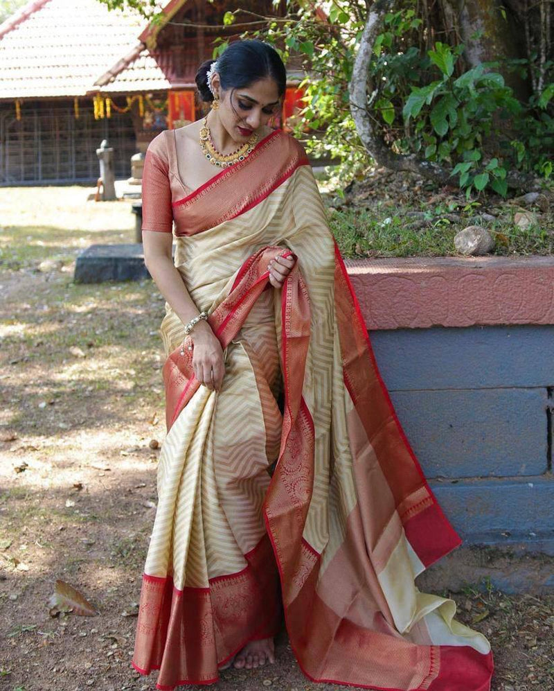 Cream With Red Lichi Silk Zari Woven Saree