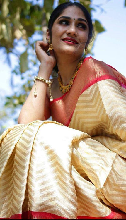 Cream With Red Lichi Silk Zari Woven Saree