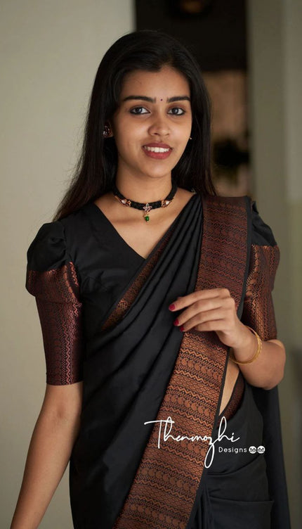 Black Saree With Copper Zari Designer Exclusive Soft Lichi Silk .