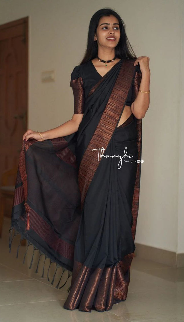 Black Saree With Copper Zari Designer Exclusive Soft Lichi Silk .