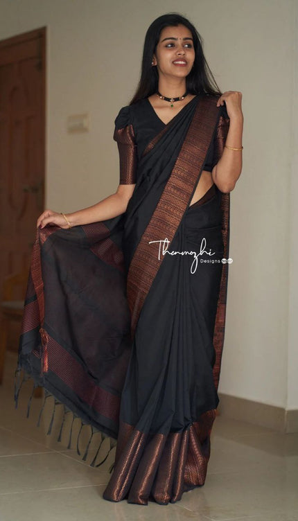 Black Saree With Copper Zari Designer Exclusive Soft Lichi Silk .
