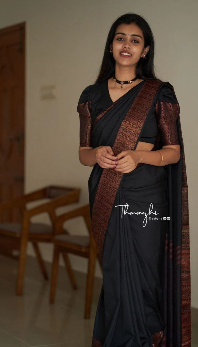 Black Saree With Copper Zari Designer Exclusive Soft Lichi Silk .