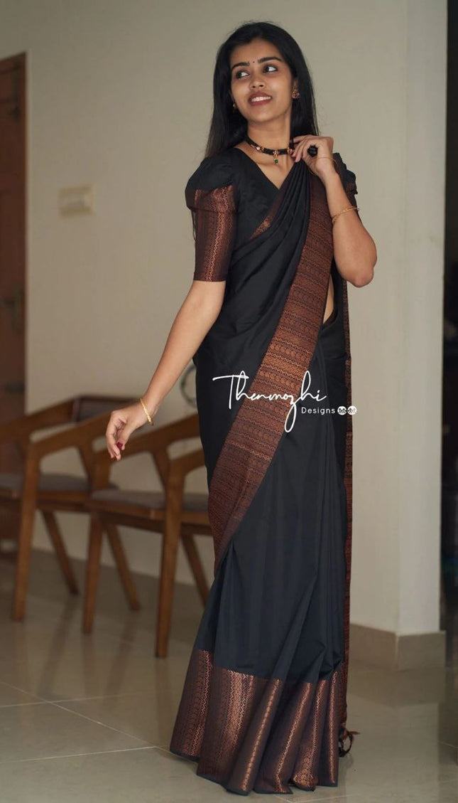 Black Saree With Copper Zari Designer Exclusive Soft Lichi Silk .