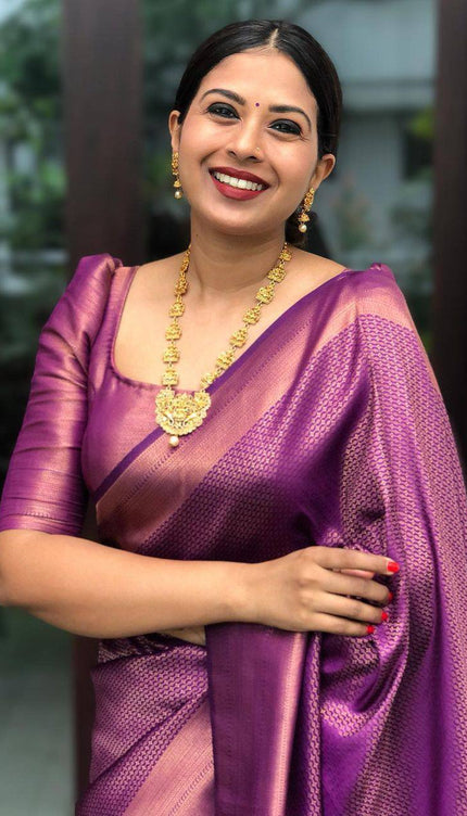 Purple  Pink Trending Lichi Silk Saree For Wedding