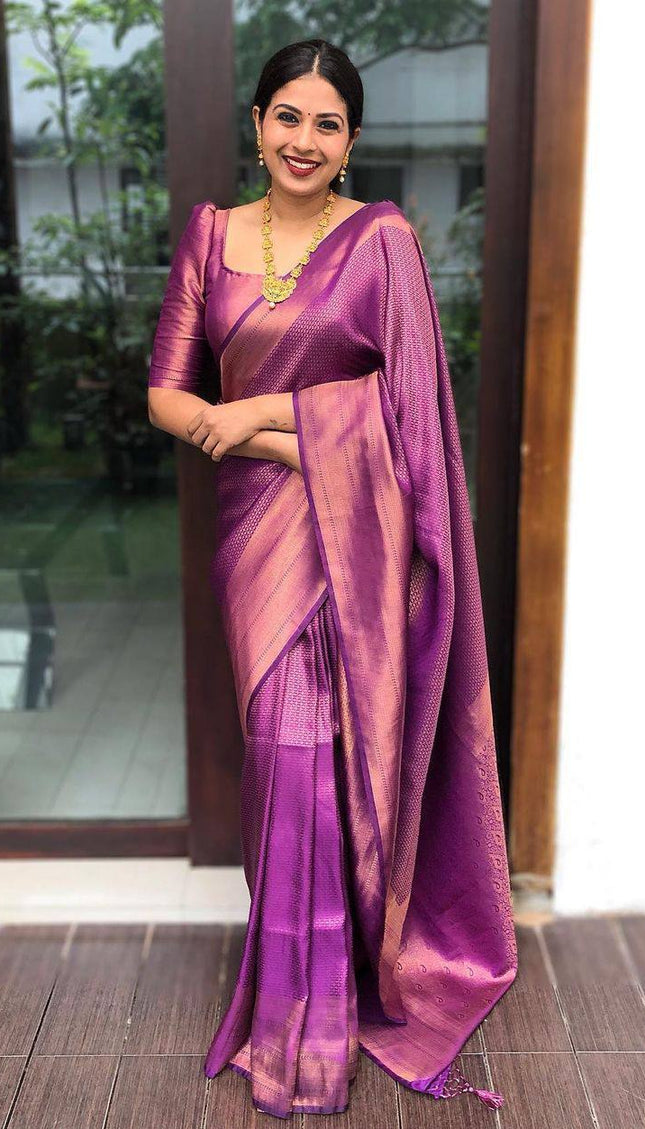 Purple  Pink Trending Lichi Silk Saree For Wedding