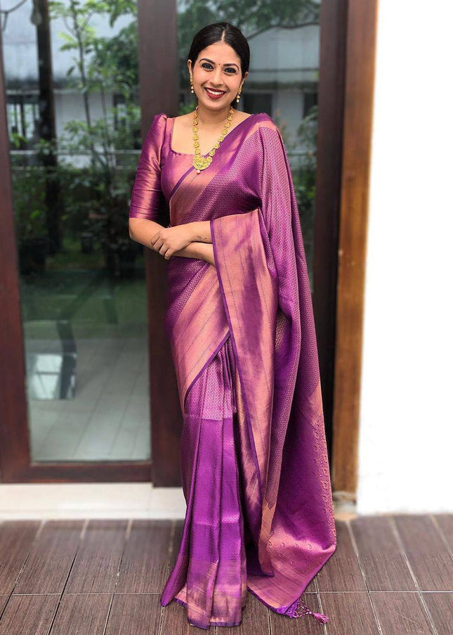 Purple  Pink Trending Lichi Silk Saree For Wedding