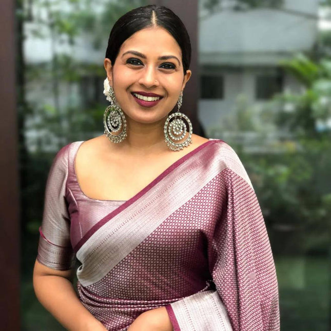 Maroon And Silver Raw Silk Traditional Weaving Work Saree