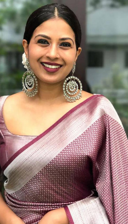 Maroon And Silver Raw Silk Traditional Weaving Work Saree