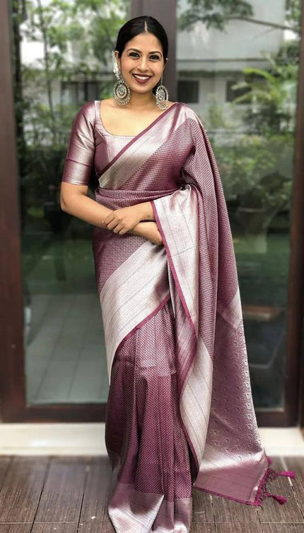 Maroon And Silver Raw Silk Traditional Weaving Work Saree