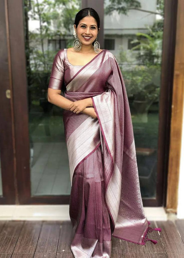 Maroon And Silver Raw Silk Traditional Weaving Work Saree
