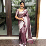 Maroon And Silver Raw Silk Traditional Weaving Work Saree