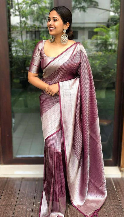 Maroon And Silver Raw Silk Traditional Weaving Work Saree