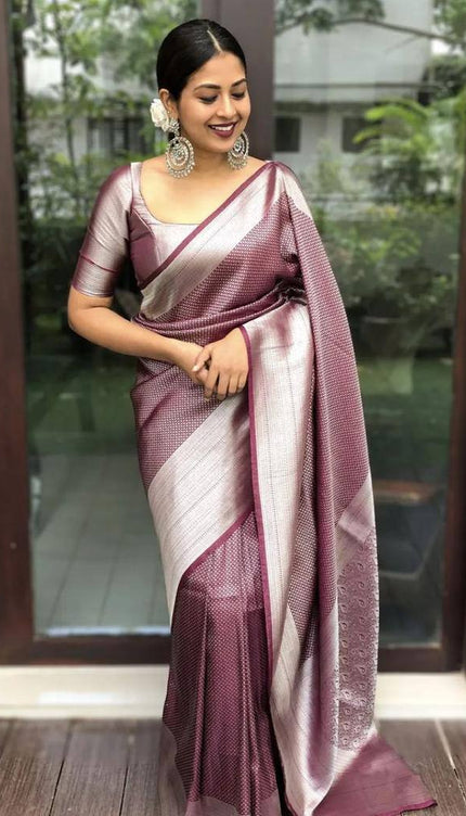 Maroon And Silver Raw Silk Traditional Weaving Work Saree