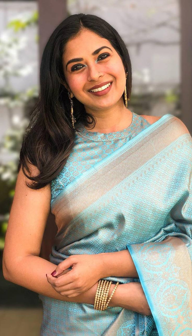 Maya Light Teal Blue Copper Zari Weaving Designer Lichi Silk Saree