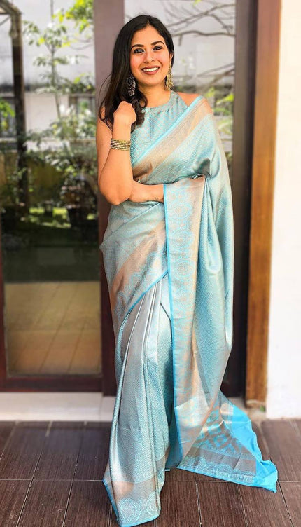 Maya Light Teal Blue Copper Zari Weaving Designer Lichi Silk Saree
