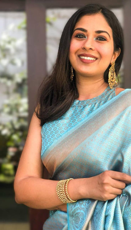 Maya Light Teal Blue Copper Zari Weaving Designer Lichi Silk Saree