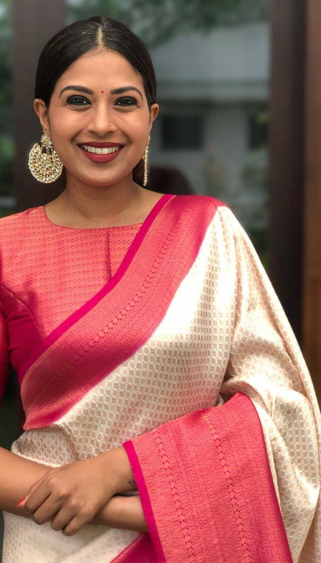 Traditional Lichi Silk  In The Shades Of White And Pink & Cream Saree