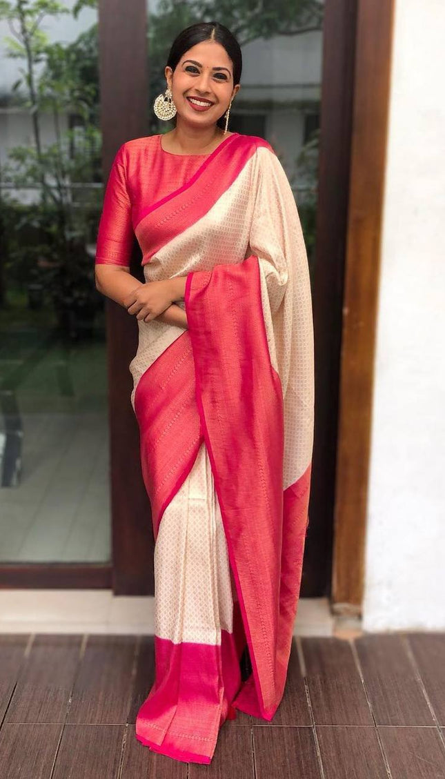 Traditional Lichi Silk  In The Shades Of White And Pink & Cream Saree