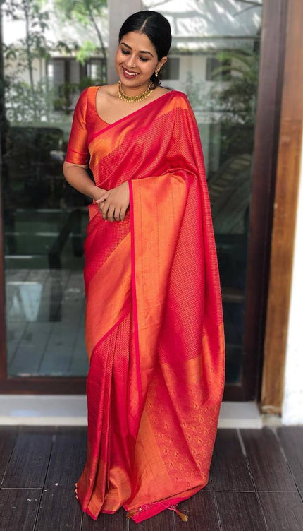 Rose Red Traditional Lichi Silk Saree With Weaving Work