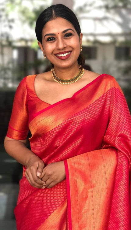 Rose Red Traditional Lichi Silk Saree With Weaving Work