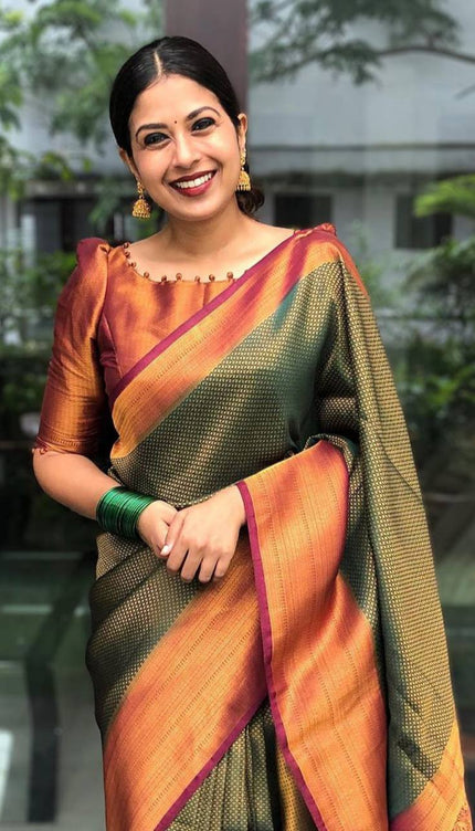 Red With Maroon Combition Copper Zari Weaving Lichi Silk  Saree