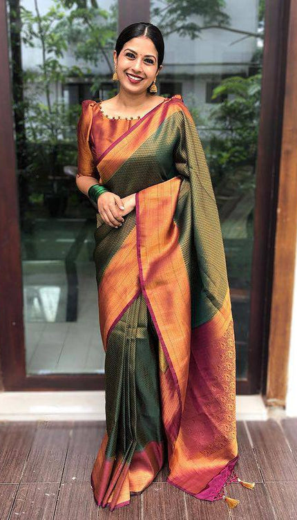 Red With Maroon Combition Copper Zari Weaving Lichi Silk  Saree