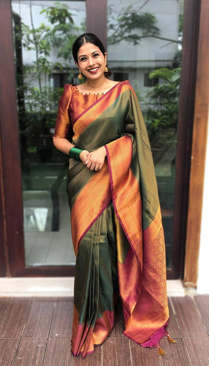 Red With Maroon Combition Copper Zari Weaving Lichi Silk  Saree