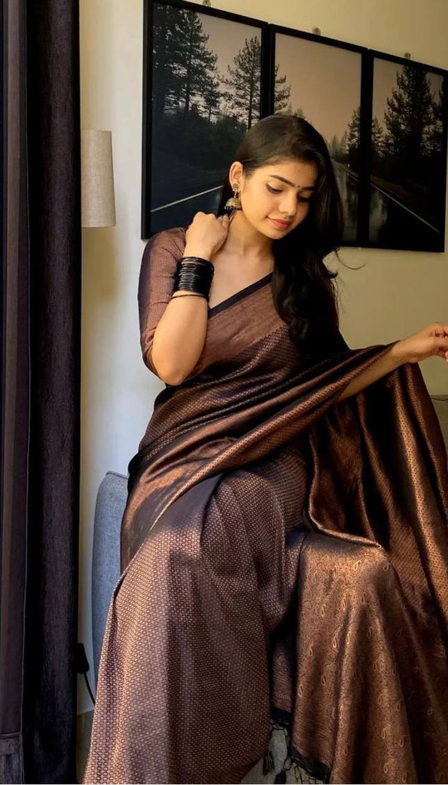 Dark Green Copper Zari Lichi silk Saree