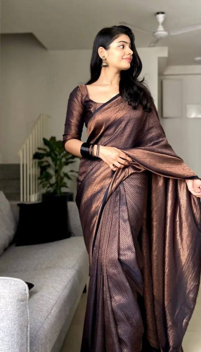 Dark Green Copper Zari Lichi silk Saree