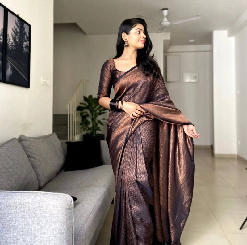 Dark Green Copper Zari Lichi silk Saree