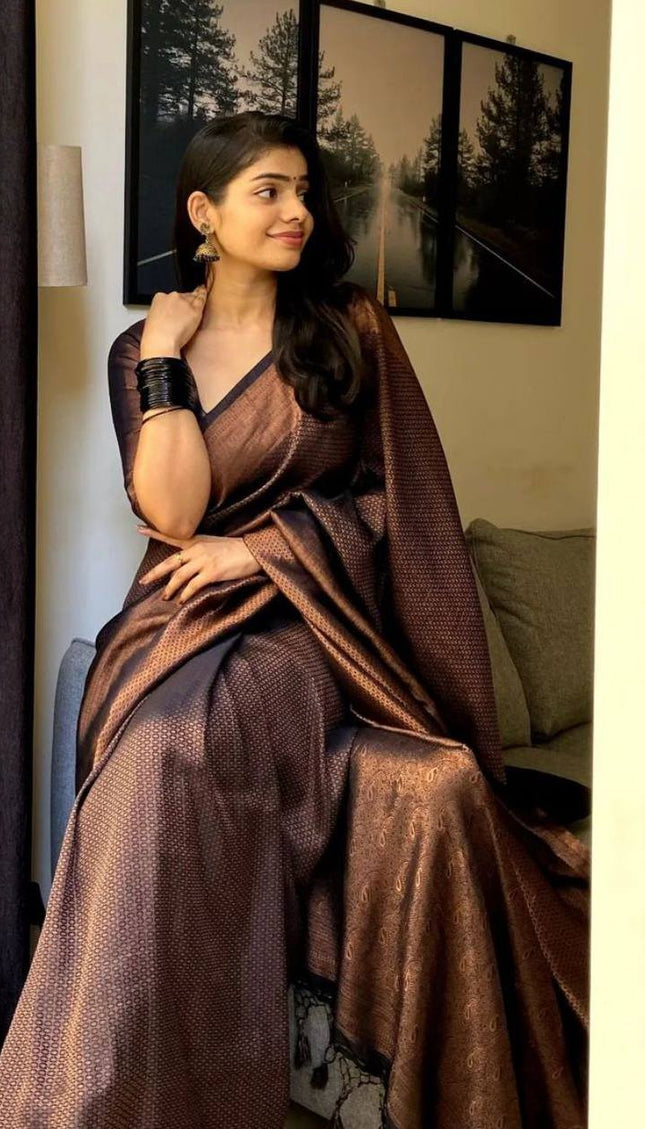 Dark Green Copper Zari Lichi silk Saree