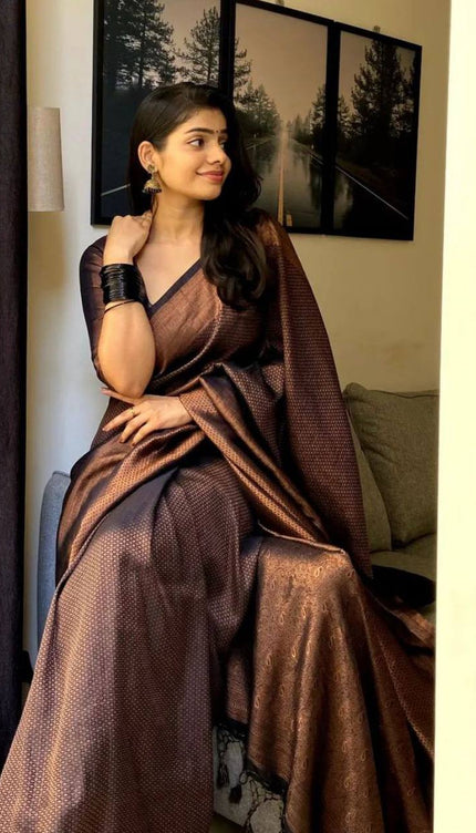 Dark Green Copper Zari Lichi silk Saree