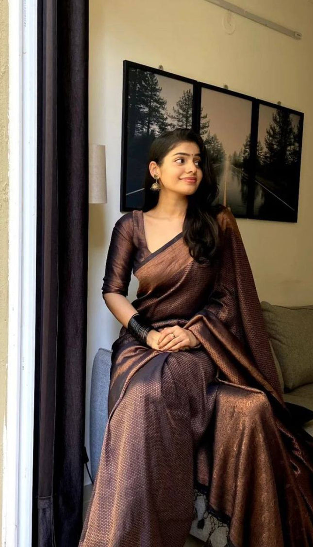 Dark Green Copper Zari Lichi silk Saree