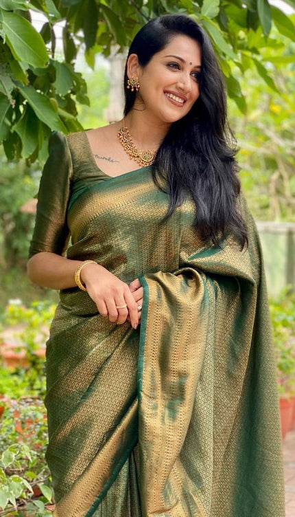 Mitera Green Woven Designer Party Wear Soft Silk  Lichi Silk Saree .