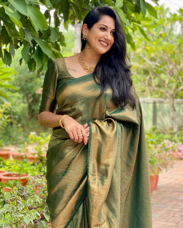 Mitera Green Woven Designer Party Wear Soft Silk  Lichi Silk Saree .