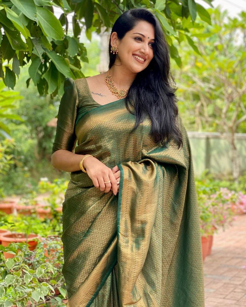 Mitera Green Woven Designer Party Wear Soft Silk  Lichi Silk Saree .