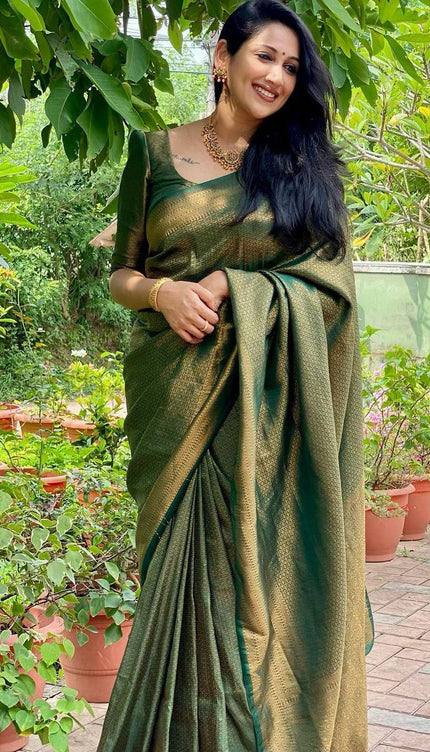 Mitera Green Woven Designer Party Wear Soft Silk  Lichi Silk Saree .