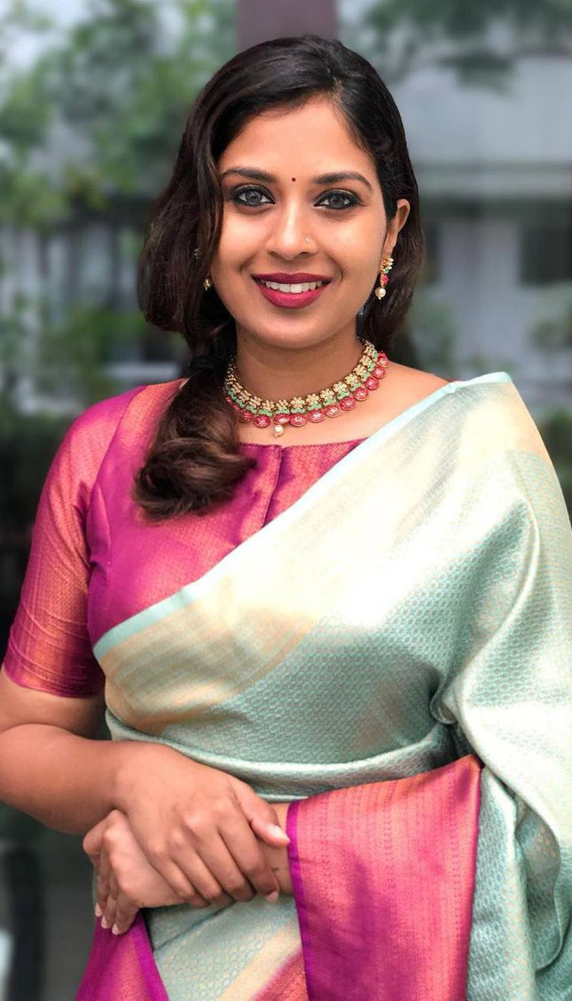 Light Green & Pink Broder Designer Soft Silk Banarsi Saree