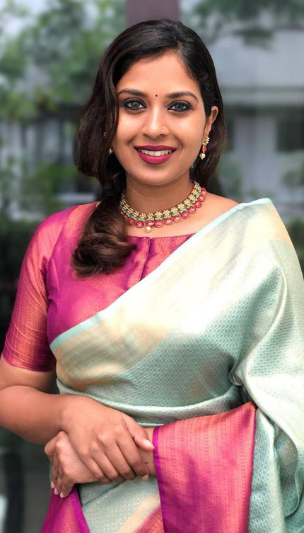 Light Green & Pink Broder Designer Soft Silk Banarsi Saree