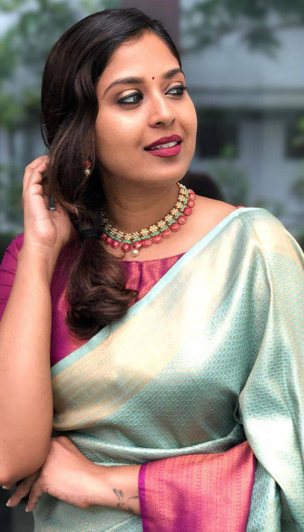 Light Green & Pink Broder Designer Soft Silk Banarsi Saree