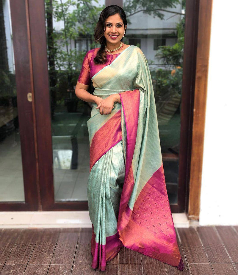 Light Green & Pink Broder Designer Soft Silk Banarsi Saree