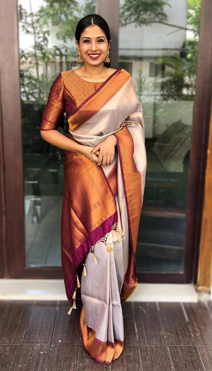 Cream And Red Trending Lichi Silk Saree For Wedding